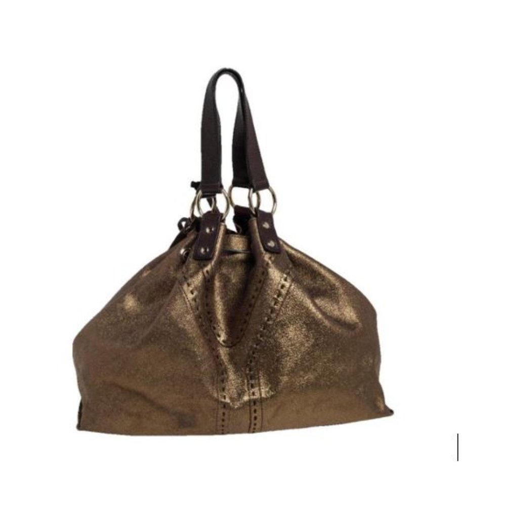 Saint Laurent Yves Gold/Dark Brown Leather Reversible Double Sac Y Gold Tote